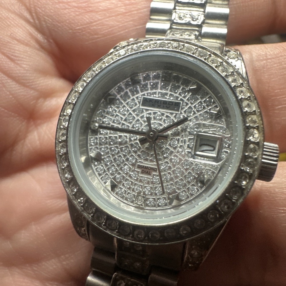 Works Akribos XXIV Women's Diamond Dial Quartz Watch Silver Miyota 26mm Fit 6.5" - Picture 2 of 12